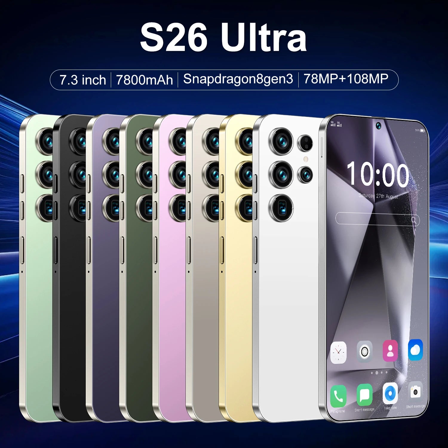 Hot Sale S26 Ultra 5G Smartphone 22GB+2TB Android 14 7.3 Inch HD Face Unlock Deca Core 144Hz 108MP Rear Camera French/Spanish
