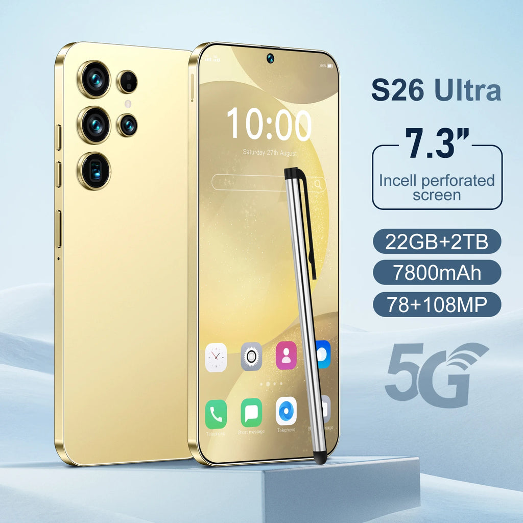 Hot Sale S26 Ultra 5G Smartphone 22GB+2TB Android 14 7.3 Inch HD Face Unlock Deca Core 144Hz 108MP Rear Camera French/Spanish