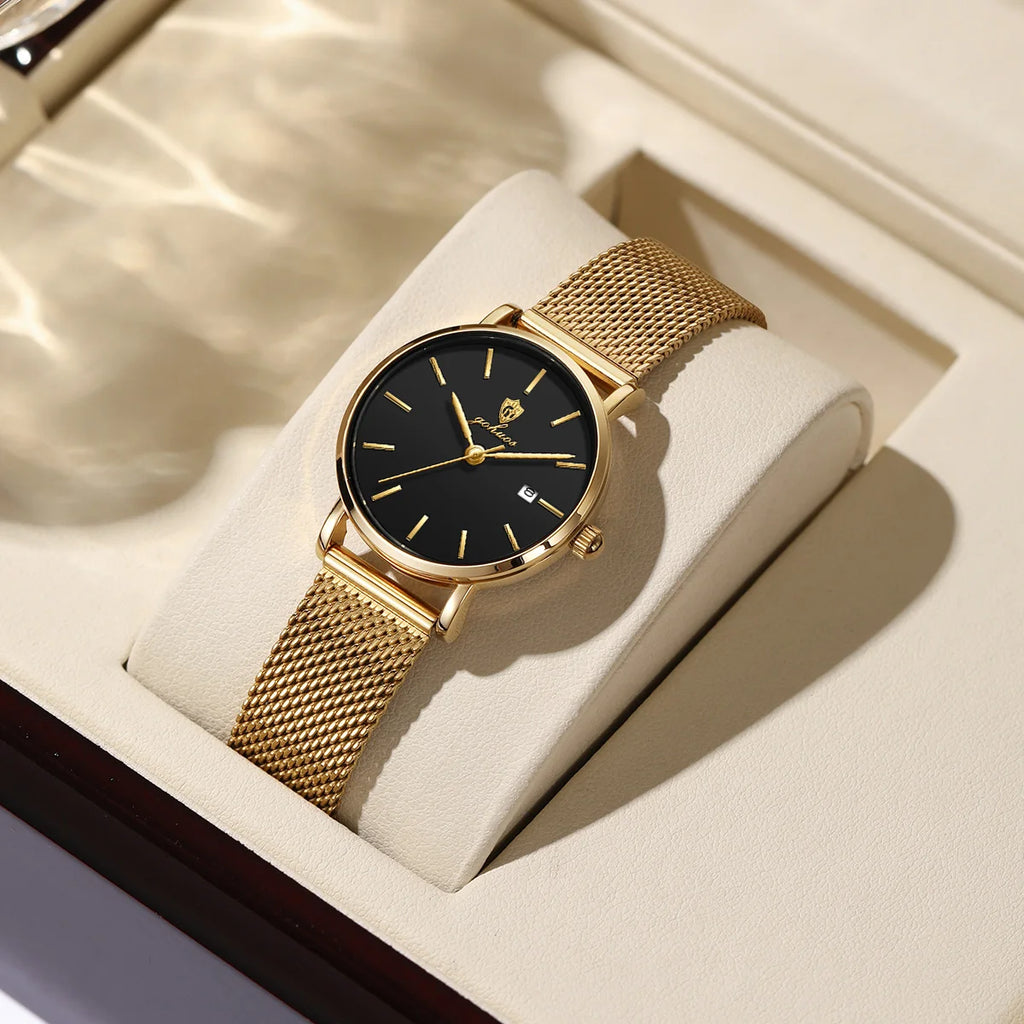 US Local Stock Gohuos 7821 Women's Mesh Steel Strap Quartz Movement Watch Simple Design Fashion Luxury Femme Waterproof Watches