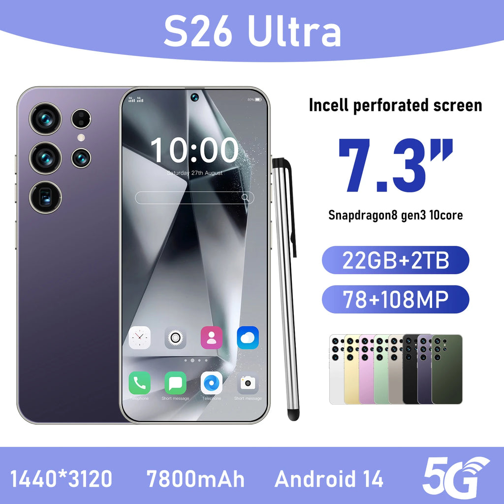 Hot Sale S26 Ultra 5G Smartphone 22GB+2TB Android 14 7.3 Inch HD Face Unlock Deca Core 144Hz 108MP Rear Camera French/Spanish
