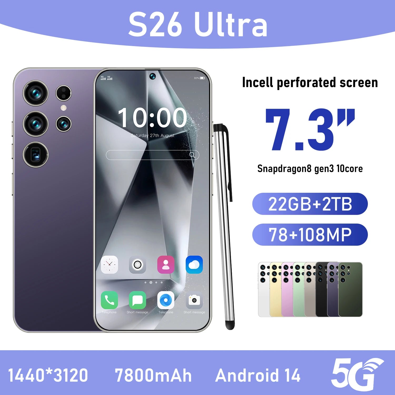 Hot Sale S26 Ultra 5G Smartphone 22GB+2TB Android 14 7.3 Inch HD Face Unlock Deca Core 144Hz 108MP Rear Camera French/Spanish