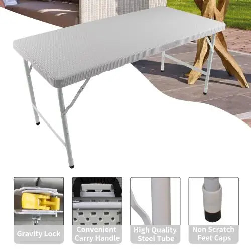 4ft Farmhouse Rattan Folding Table Portable Outdoor Use Plaited Brown