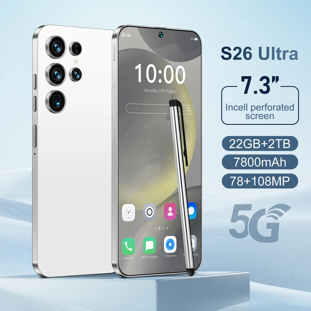 Hot Sale S26 Ultra 5G Smartphone 22GB+2TB Android 14 7.3 Inch HD Face Unlock Deca Core 144Hz 108MP Rear Camera French/Spanish