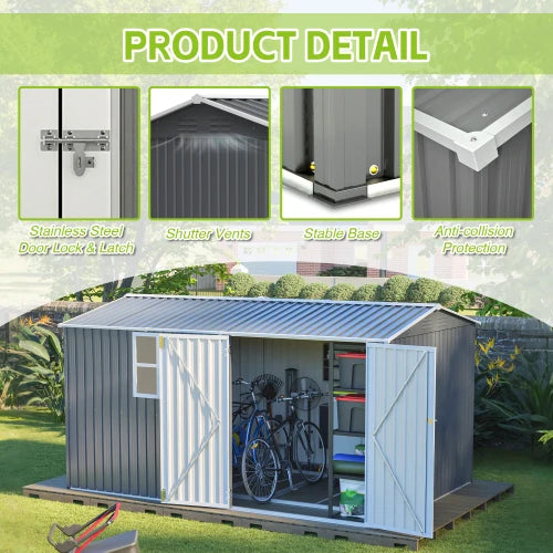 8x12 Ft Eco-Friendly Modern Outdoor Storage Shed Heavy-Duty Steel Building with Window Hinged Doors & Air Vents for Garden Patio