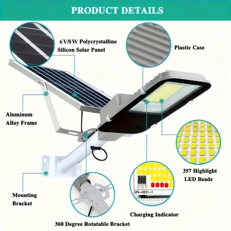 Solar-Powered LED Street Light IP65 6000mAh Rechargeable Battery 360 LED Panels Durable Aluminum Alloy Semi-Flush Outdoor Lamp