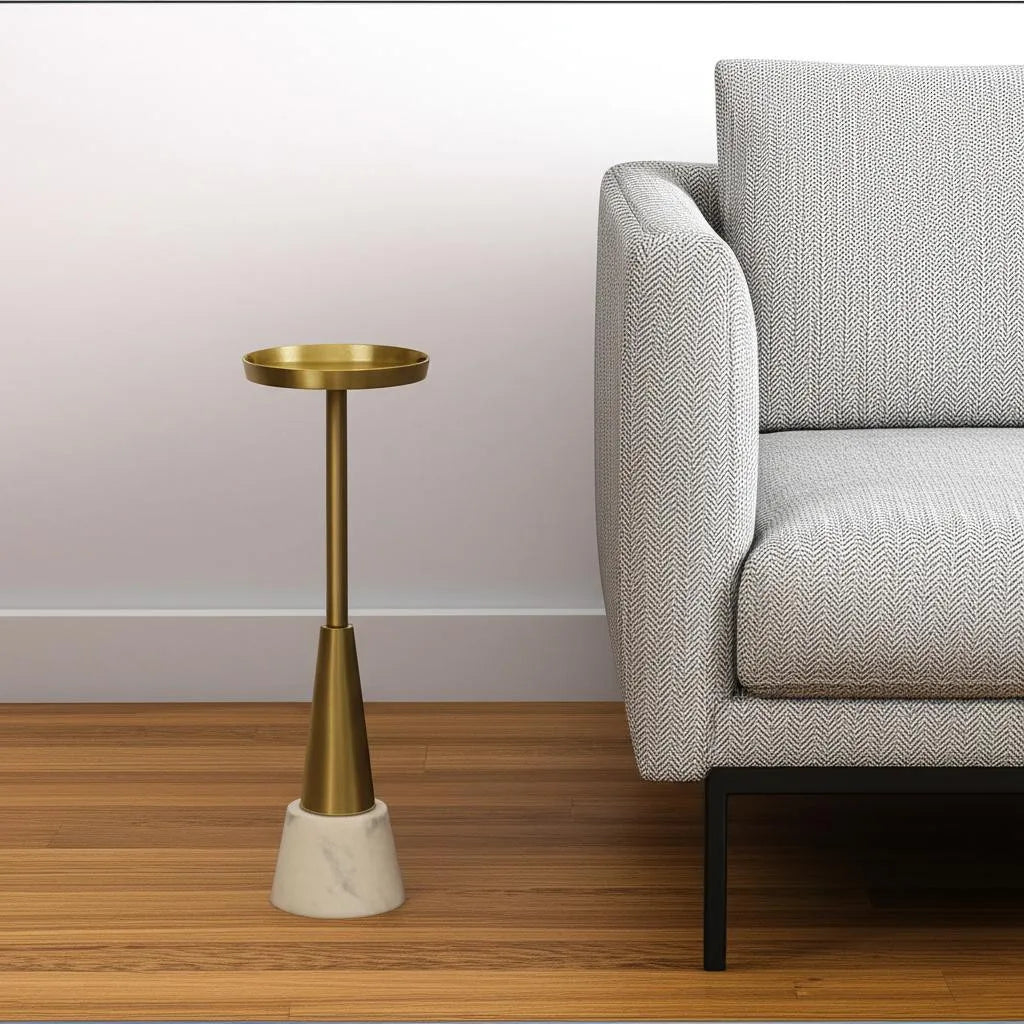 HMS 24\" Gold and White Metal Round Pedestal End Table for Living Room or Home Office Elegant Coffee Tables Furniture