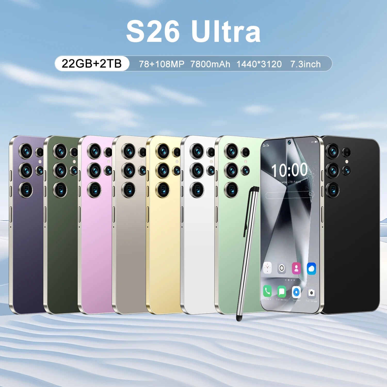 Hot Sale S26 Ultra 5G Smartphone 22GB+2TB Android 14 7.3 Inch HD Face Unlock Deca Core 144Hz 108MP Rear Camera French/Spanish