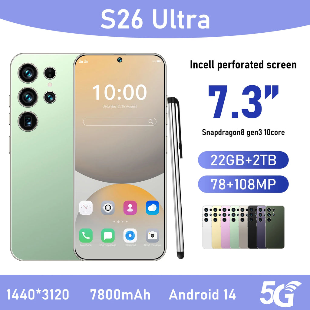 Hot Sale S26 Ultra 5G Smartphone 22GB+2TB Android 14 7.3 Inch HD Face Unlock Deca Core 144Hz 108MP Rear Camera French/Spanish