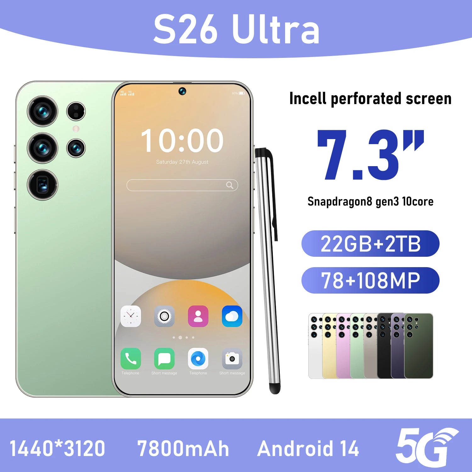 Hot Sale S26 Ultra 5G Smartphone 22GB+2TB Android 14 7.3 Inch HD Face Unlock Deca Core 144Hz 108MP Rear Camera French/Spanish
