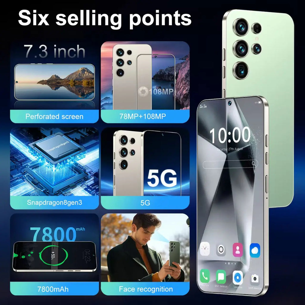 Hot Sale S26 Ultra 5G Smartphone 22GB+2TB Android 14 7.3 Inch HD Face Unlock Deca Core 144Hz 108MP Rear Camera French/Spanish