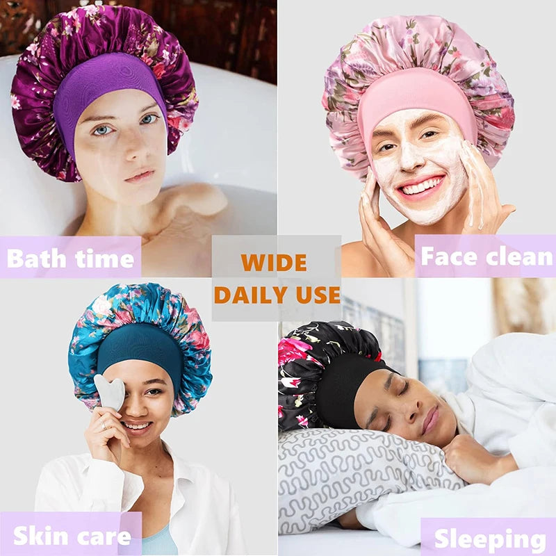 4PCS/LOT Satin Wide Brim Floral Nightcap Bonnet Hair Wrap Night Sleeping Sleep Cap Elastic Soft Band Hair Care Shower Hat