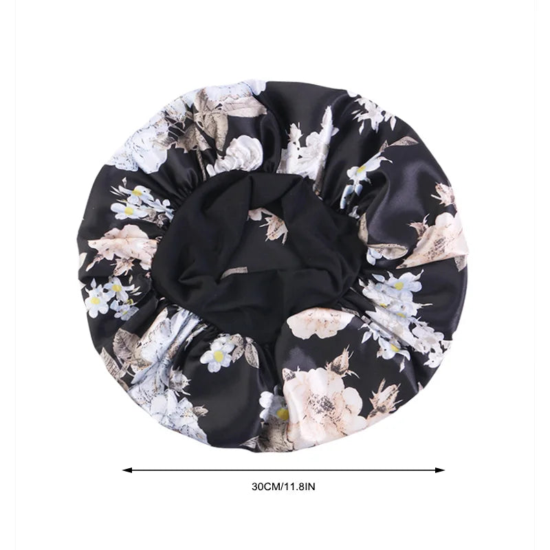 4PCS/LOT Satin Wide Brim Floral Nightcap Bonnet Hair Wrap Night Sleeping Sleep Cap Elastic Soft Band Hair Care Shower Hat