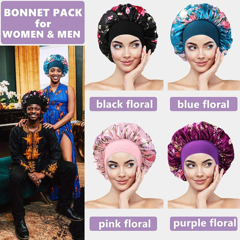 4PCS/LOT Satin Wide Brim Floral Nightcap Bonnet Hair Wrap Night Sleeping Sleep Cap Elastic Soft Band Hair Care Shower Hat