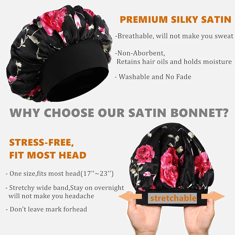 4PCS/LOT Satin Wide Brim Floral Nightcap Bonnet Hair Wrap Night Sleeping Sleep Cap Elastic Soft Band Hair Care Shower Hat