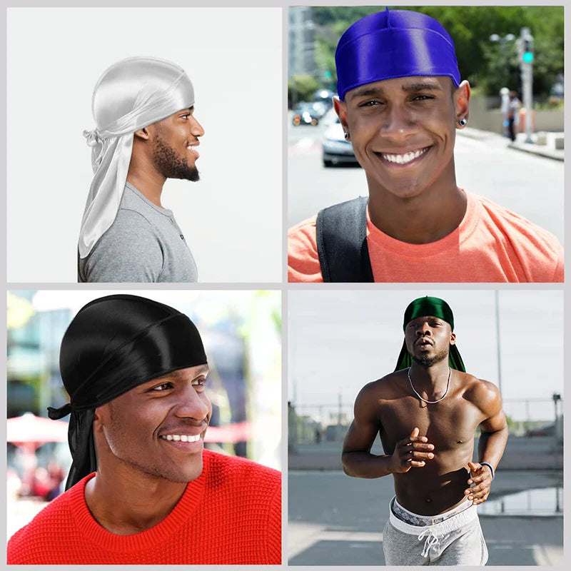 3PCS/LOT Women Men Silky Durag Long Tail Pirate Hat Elastic Bonnet Turban Dome Cap Unisex Bandanas Sleeping Shower Cap Head Wrap