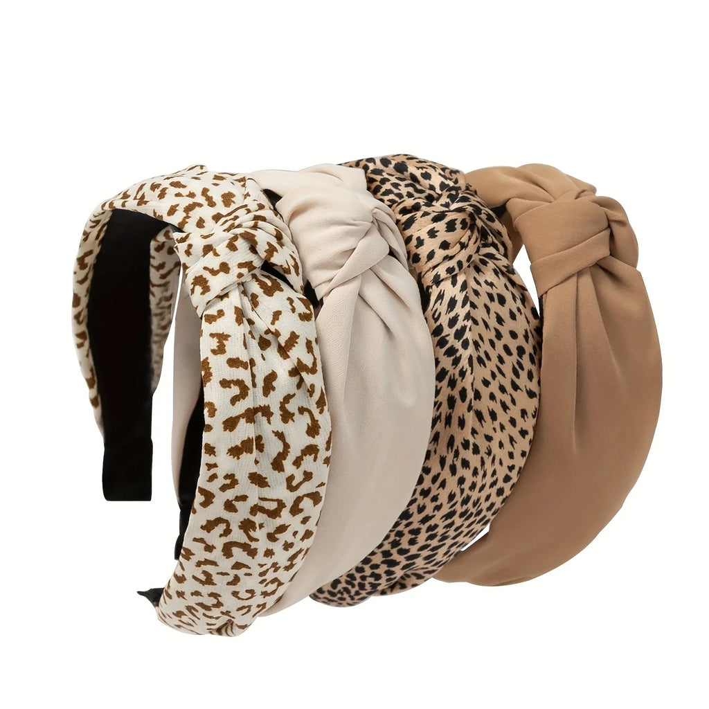4pcs Vintage Elegant Leopard Print Fabric Headbands, Simple Knot Style Hairbands, Fashionable Retro Daily Wear Women