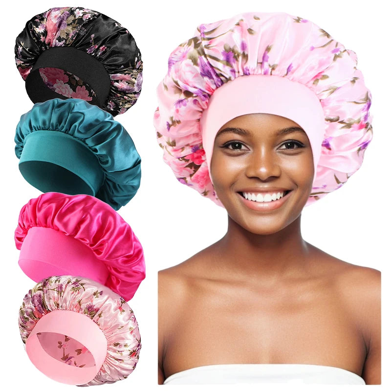 4PCS/LOT Satin Wide Brim Floral Nightcap Bonnet Hair Wrap Night Sleeping Sleep Cap Elastic Soft Band Hair Care Shower Hat